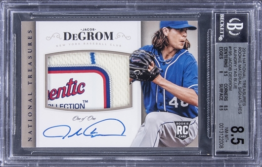 2014 Panini National Treasures #195 Jacob deGrom Signed Laundry Tag Patch Rookie Card (#1/1) - BGS NM-MT+ 8.5/BGS 9